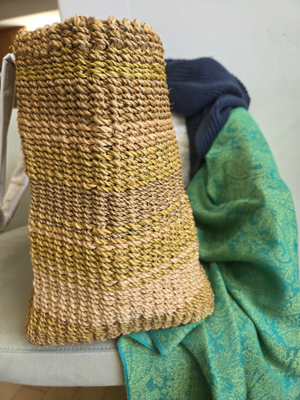 Handwoven Straw Tote with Pink Floral Embroidery and White Handles - Picture 3 of 6